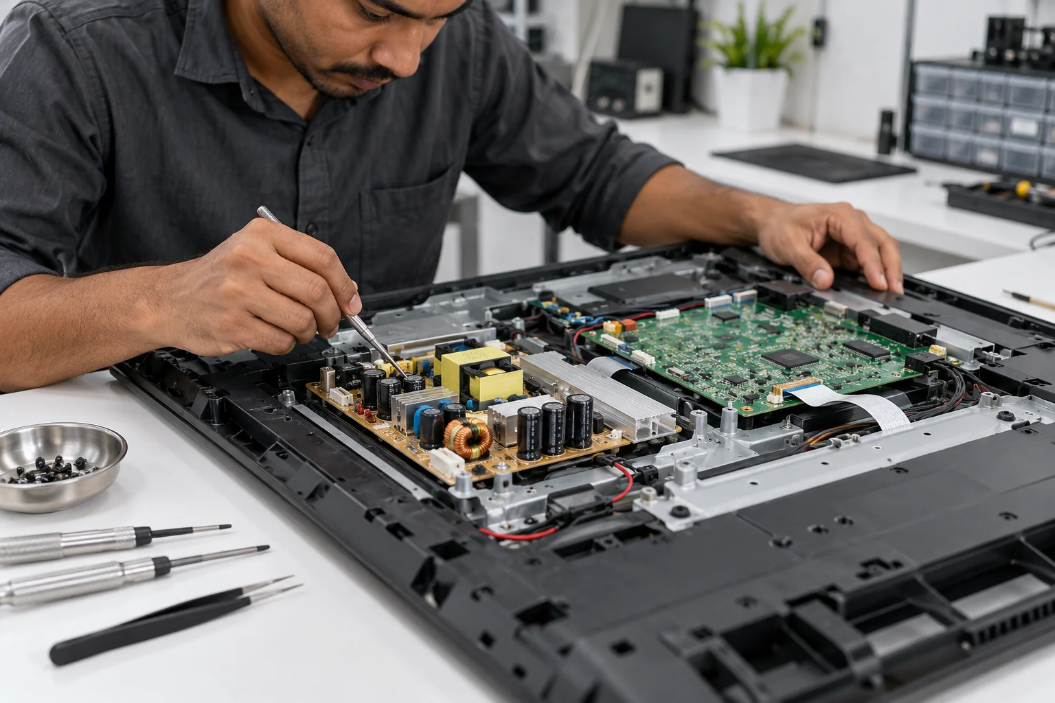 Illustrative view of a technician inspecting an LED television power board