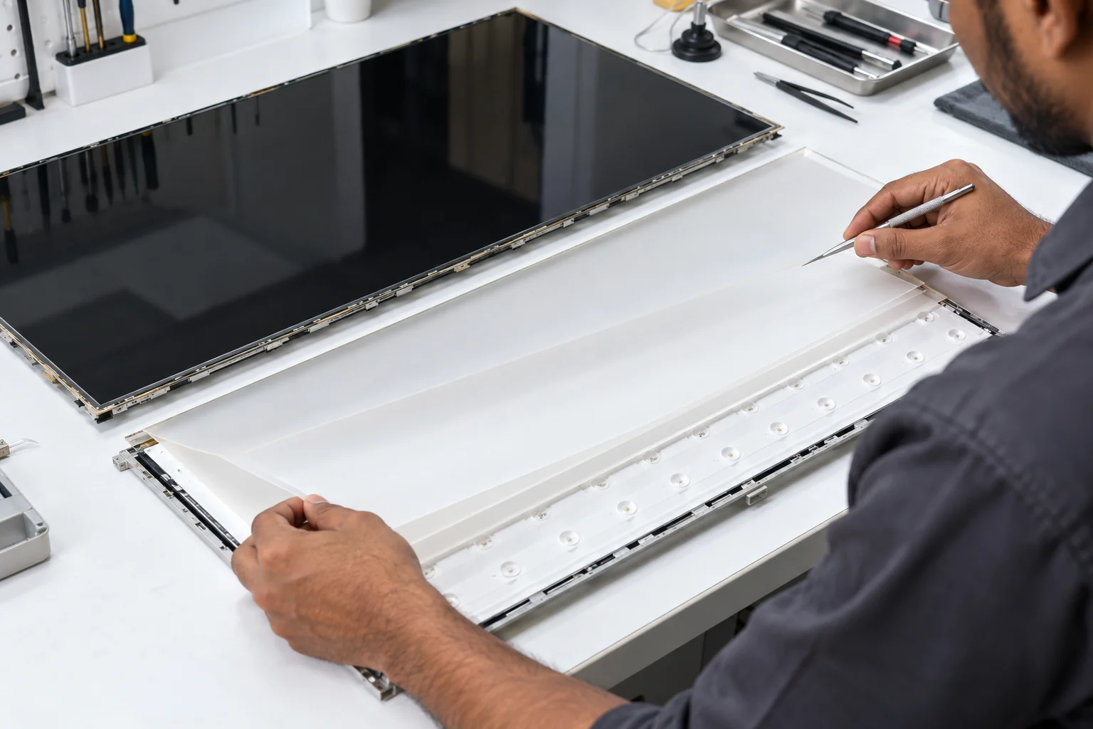 Illustrative view of a technician inspecting television display and backlight layers