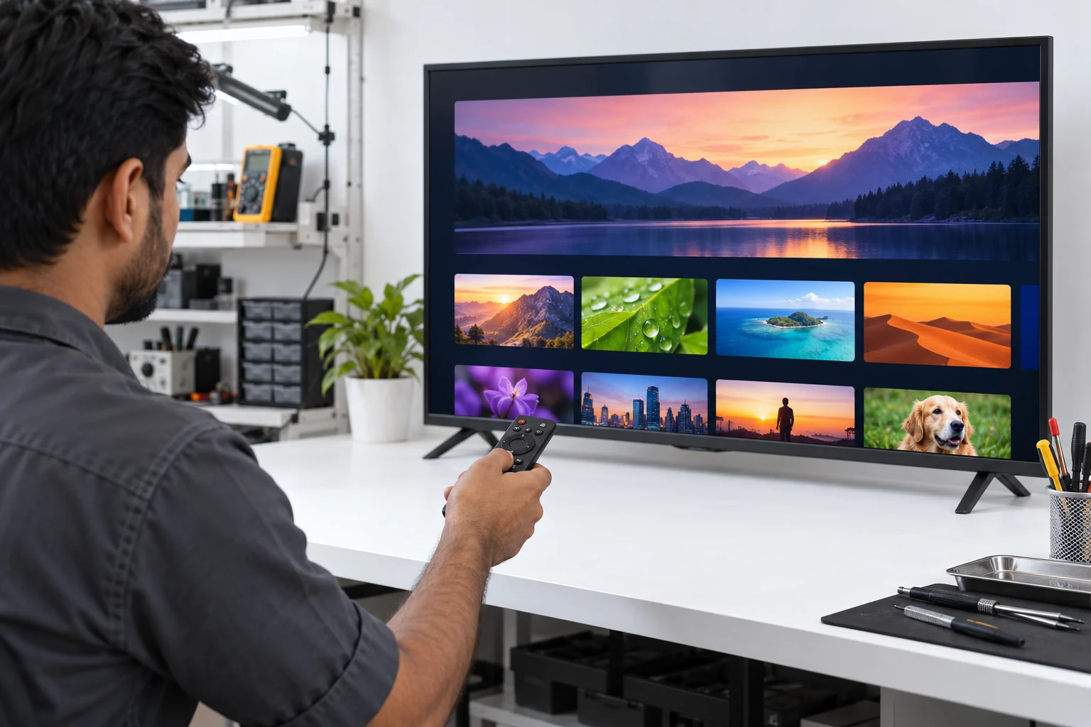 Illustrative view of a technician checking a smart television and remote